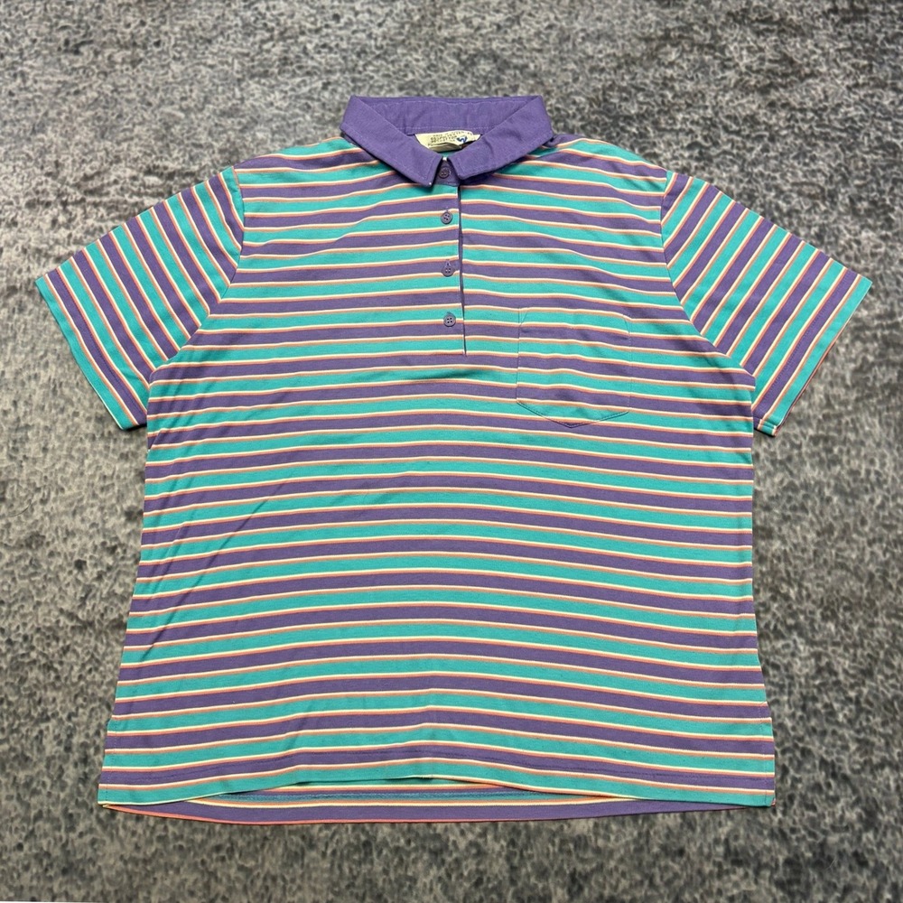 Vintage 80s Sears Polo Shirt Striped Size Medium Purple Blue Classic